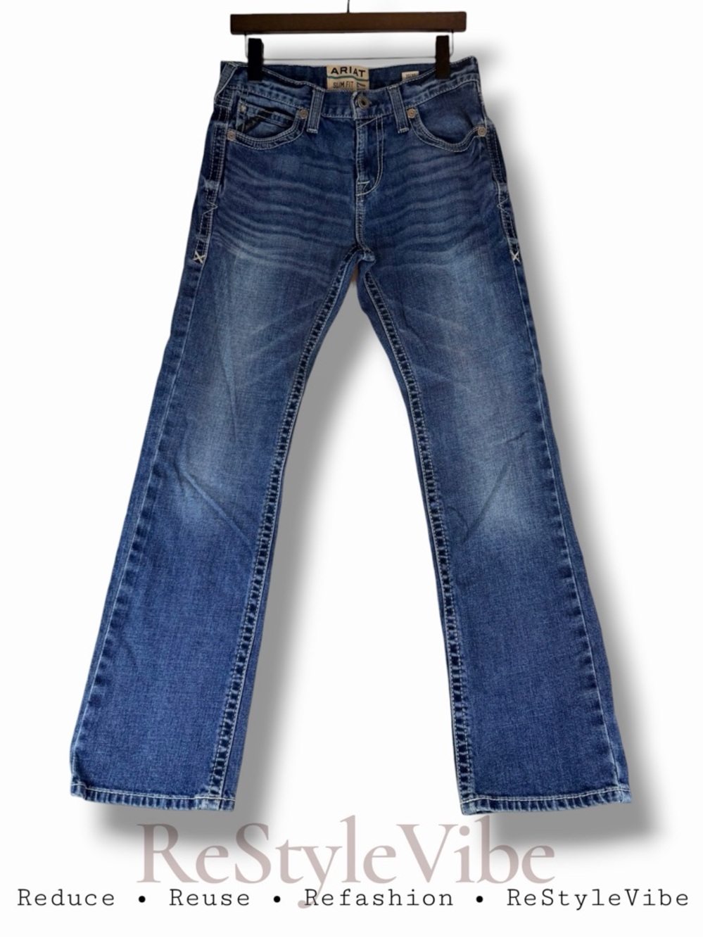 ARIAT Men’s Size 30x32 Denim Jeans Slim Straight M7 Style Fit Stretch Embroidery